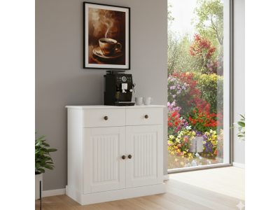 BALCÃO BUFFET APARADOR DE MADEIRA NO ACABAMENTO BRANCO LAVADO COM  1 GAVETA E 2 PORTAS / COLEÇÃO MILLE